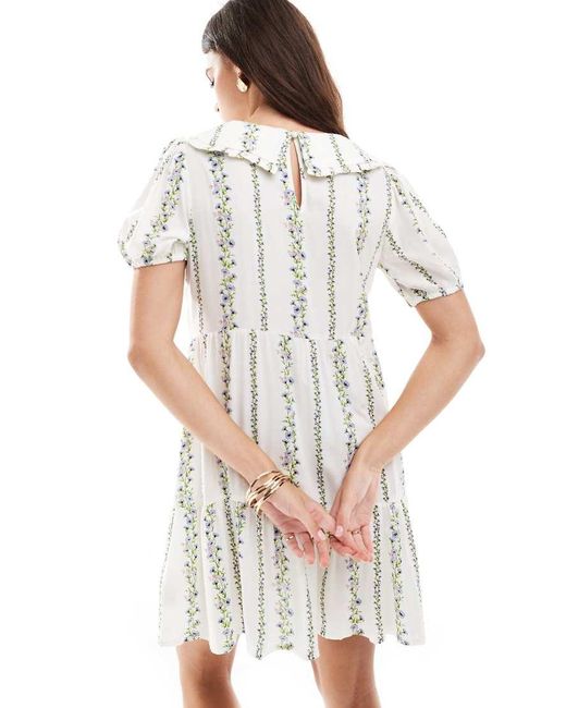 New Look White Floral Stripe Tie Front Mini Smock Dress