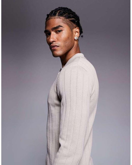 Polo Entallado De Manga Larga De Punto De Canalé De -Neutro ASOS de hombre de color Gray