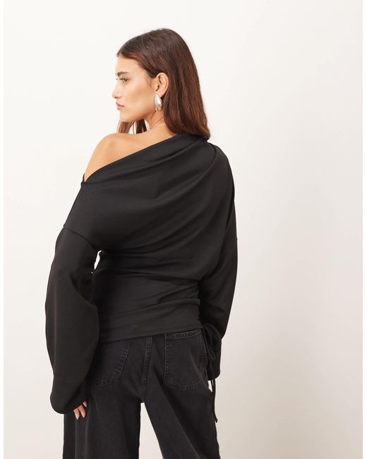 ARRANGE Black Jersey Off The Shoulder Wide Sleeves Top With Ruched Hem