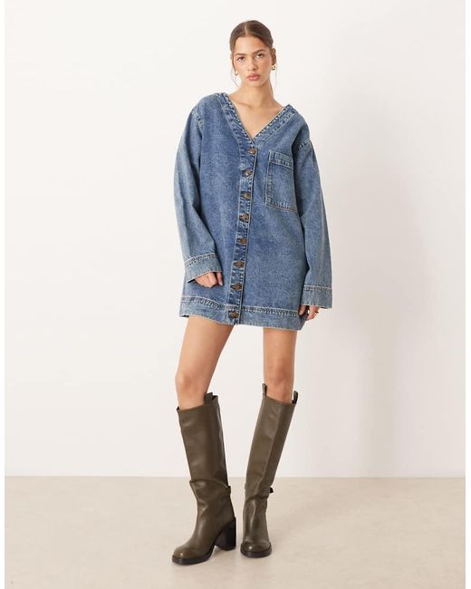 ASOS Blue Denim Boxy V Neck Shirt Dress With Pocket