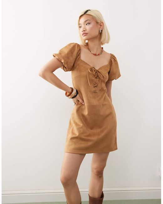 Reclaimed Vintage Natural Festival Lace Up Faux Suede Mini Dress