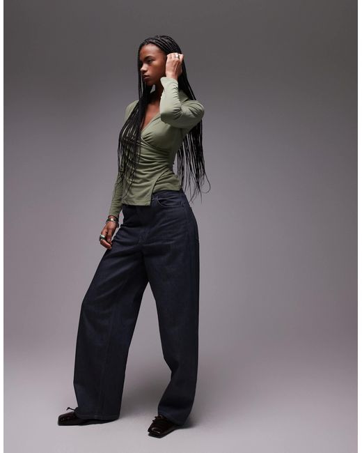 Petite - top cache-cœur à manches longues en cupro TOPSHOP en coloris Gray