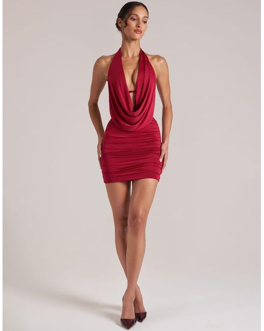 Oh Polly Red Draped Cowl Halter Neck Ruched Skirt Mini Dress