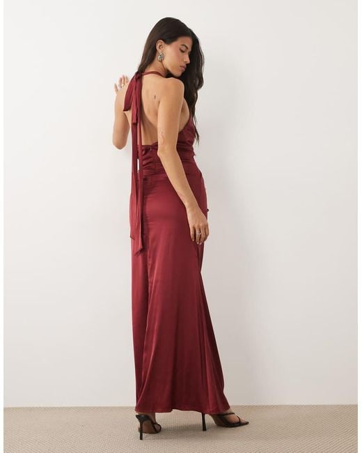 TFNC London Red Bridesmaid Satin Halter Neck Cowl Plunge Split Detail Maxi Dress