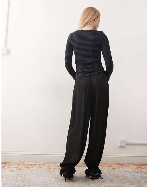 Reclaimed (vintage) Black Bubble Hem Satin Trouser With Lace Trim