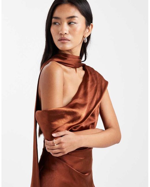 Six Stories Brown Bridesmaid Bow One Shoulder Satin Maxi Dress