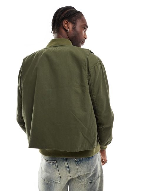 Collusion Gray 2 In 1 Washed Ripstop Bomber Jacket With Removable Gilet In Khaki for men