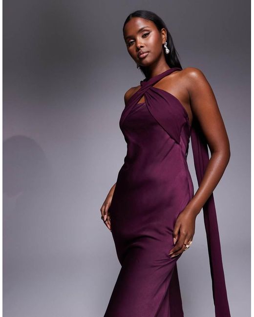 ASOS Purple Twist Detail Satin Chiffon Maxi Dress With Scarf