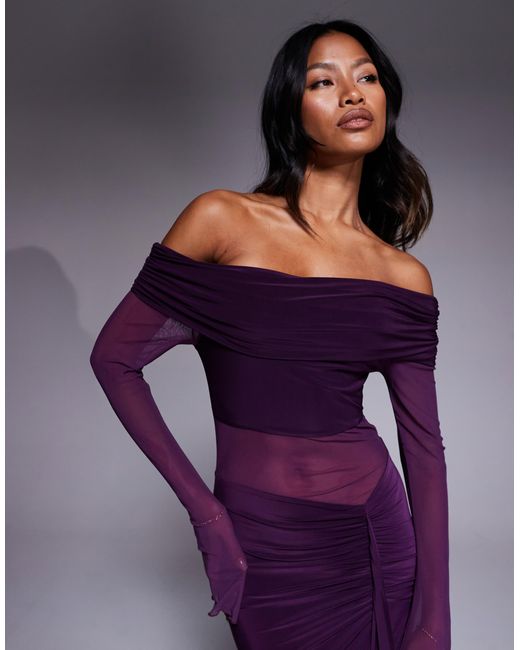 Kaiia Purple Exclusive Double Layered Slinky Foldover Off The Shoulder Sheer Panel Ruched Skirt Maxi Dress