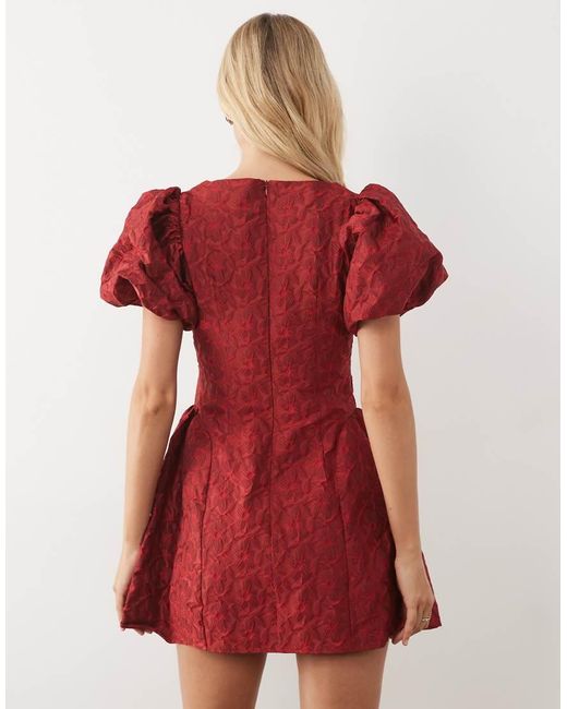 Sister Jane Red Bilberry Exclusive Jacquard Round Neck Puff Sleeve Mini Dress