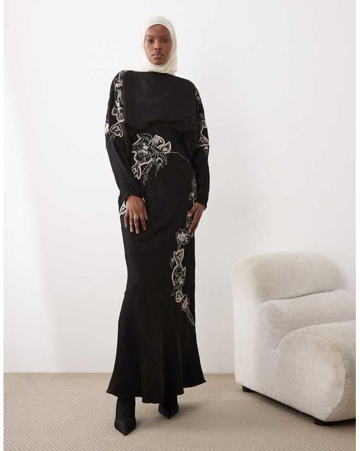 ASOS Black Satin Blouson Batwing Maxi Dress With Lace Applique And Floral Embroidery