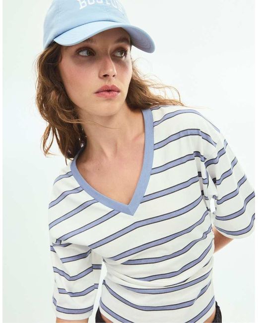 Stradivarius Blue Striped V-neck Kimono Sleeve T-shirt