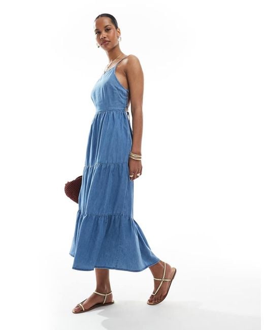 ONLY Blue Tiered Midaxi Cami Dress With Open Back