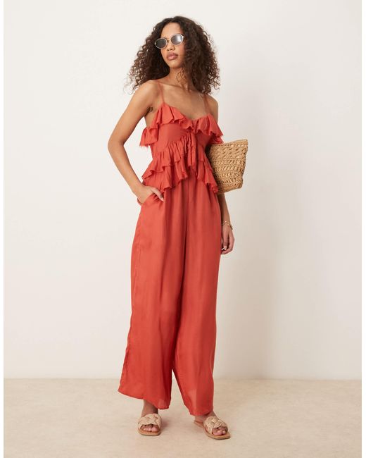 ASOS Ruffle Micro Bust Viscose Jumpsuit With Shirred Back