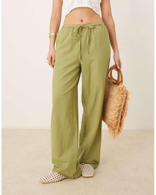 Vila Green Linen Touch Tie Waist Wide Leg Trouser