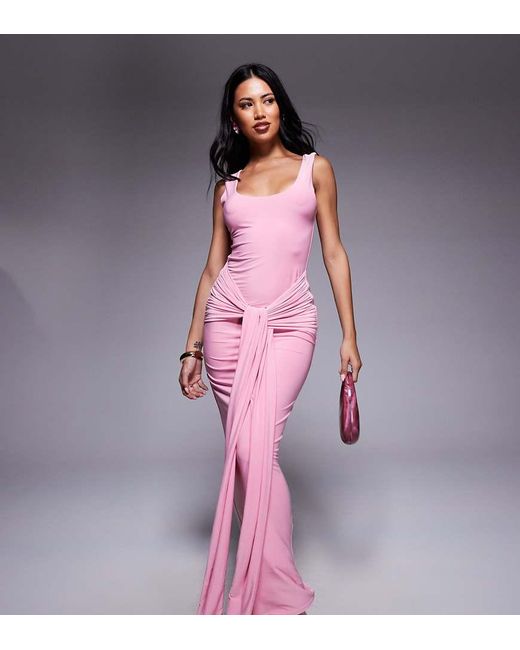 Kaiia Pink Exclusive Double Layered Slinky Scoop Neck Tie Front Drape Detail Maxi Dress