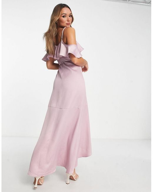 TFNC London Pink Bridesmaid Off Shoulder Ruffle Sleeve Maxi Dress