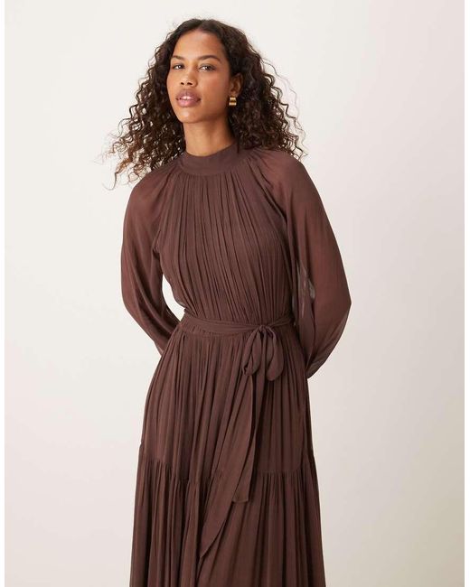 LACE & BEADS Brown Chiffon Balloon Sleeve Maxi Dress