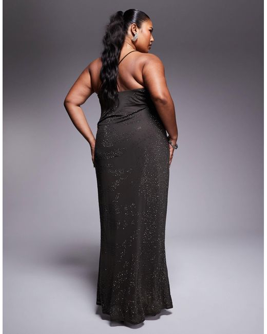 ASOS Gray Asos Design Curve Artwork Hotfix One Shoulder Maxi Dress With Open Back