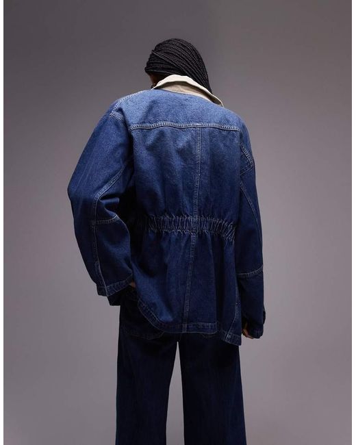 TOPSHOP Blue Denim Elasticated Waist Barn Jacket With Cord Collar