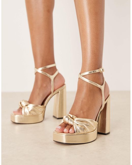 Asos Design Wide Fit Natural Nutshell Knotted Platform Block Heel Sandals