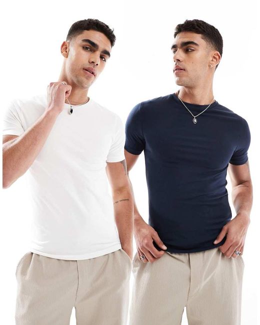 Confezione Da 2 T-Shirt Basic Attillate Color Crema E Blu di ASOS in Blue da Uomo
