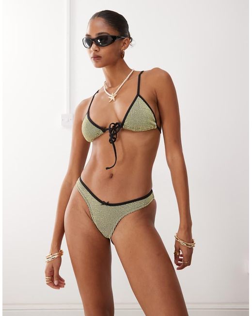 Lioness Natural Rio Mix And Match Bow Tie Front Contrast Trim Textured Bikini Top