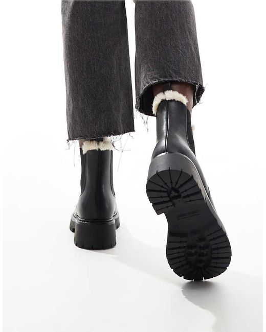 London Rebel Black Lois Faux Fur Lined Chunky Chelsea Boots