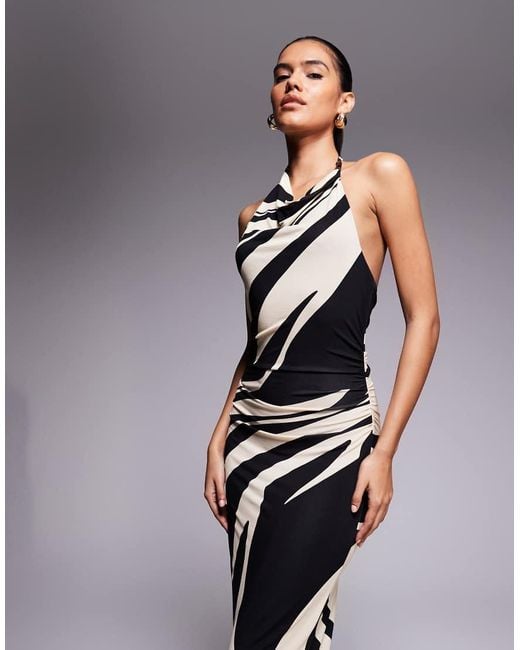 Forever New Maxi-Jurk Van Soepelvallende Stof Met Gedrapeerde Halternek En Abstracte Print in het Blue