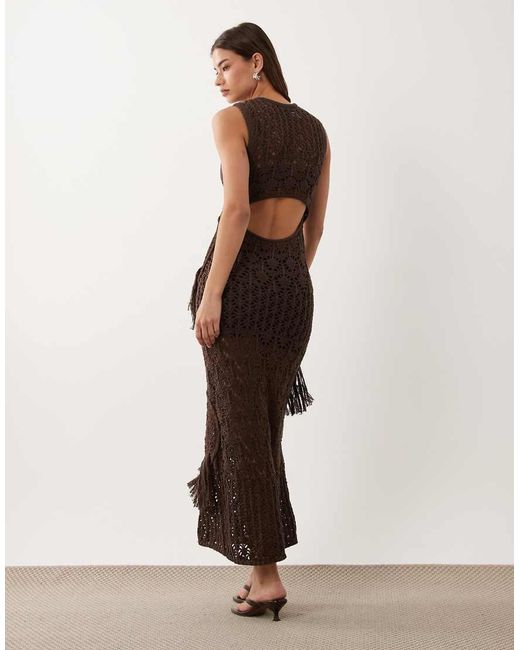 ASOS Brown Crochet Patchwork Open Stitch Maxi Dress With Fringing