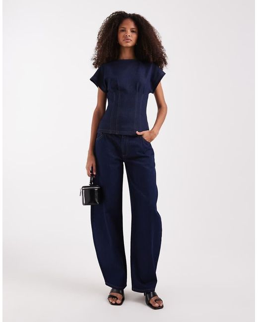 River Island Blue Denim Cinch Waist Detail Top