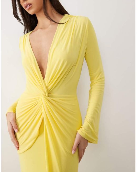ASOS Yellow Mesh Deep Plunge Long Sleeve Maxi Dress With Twist Knot Detail