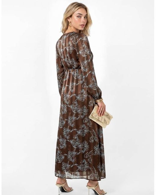 Lovedrobe Brown Floral Print Burnout Satin Stripe Midaxi Dress