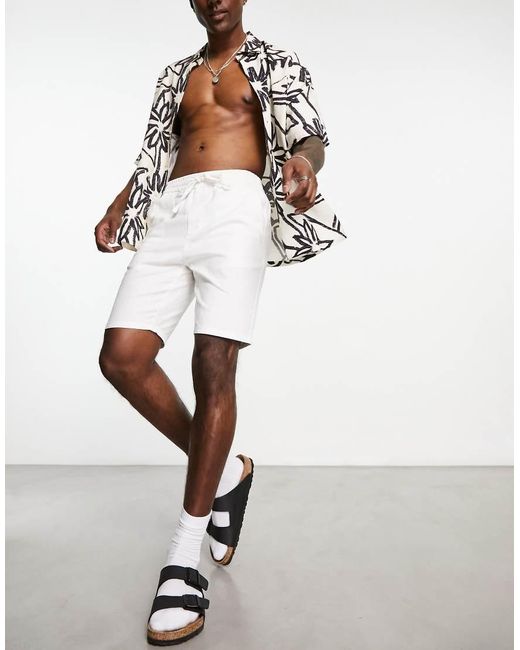 Only & Sons White Linen Mix Tie Waist Shorts for men