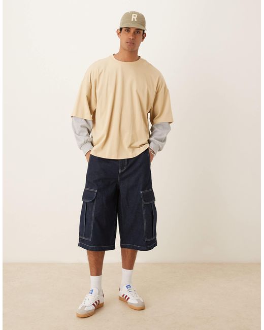 ASOS Natural Long Length Denim Jorts With Double Pleats for men
