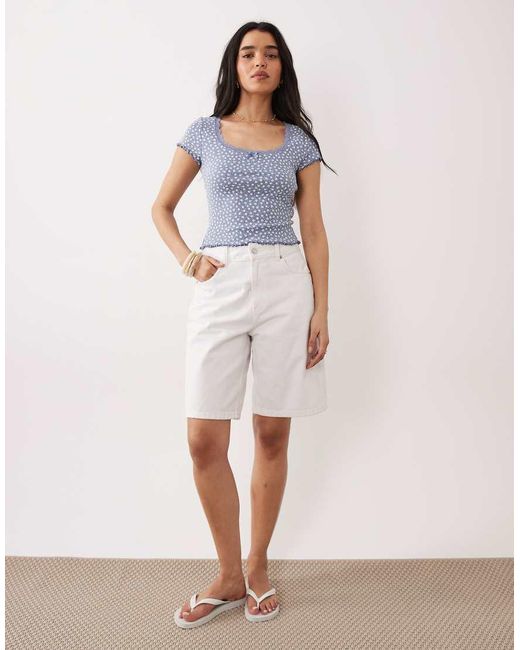 Miss Selfridge Blue Pointelle Square Neck Lace Trim Tee