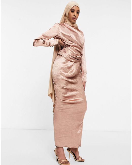 ASOS Pink High Drape Neck Maxi With Long Sleeves