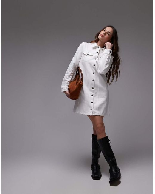 Vestido Camisero Vaquero Suelto De Manga Larga De TOPSHOP de color Gray