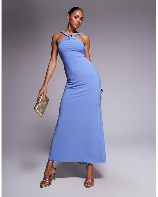 ASOS Blue Trimmed Halterneck Maxi Dress With Twisted Back Detail