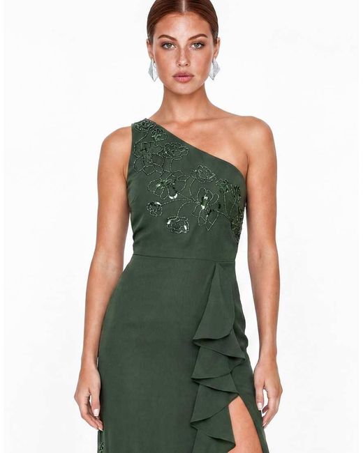 Maya Green Embellished One Shoulder Ruffle Midaxi Dress