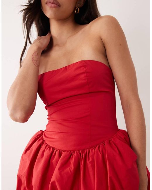 Kaiia Red Exclusive Bandeau Volume Peplum Puffball Lace Up Back Column Maxi Dress