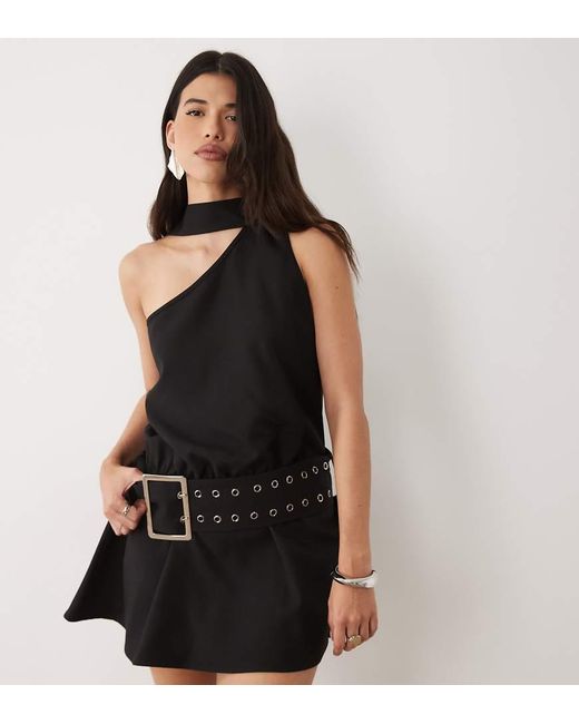 Kaiia Black Exclusive Halter Scarf Detail Chunky Eyelet Belted Mini Dress