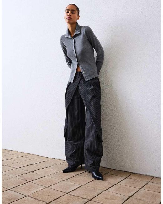 Bershka Gray Ribbed Cardigan With Hook-and-eye Fastenings