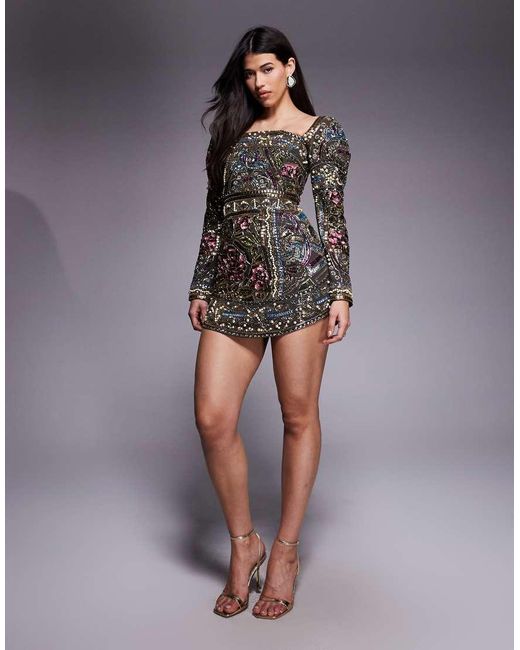 ASOS Gray Embellished Domed Sleeve Curve High Neckline Mini Dress