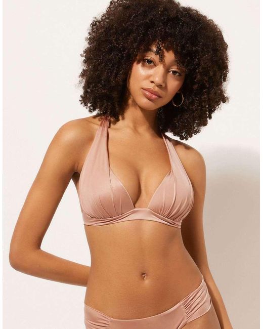 Calzedonia Brown Calzendonia Padded Triangle Bikini Top Shiny Satin