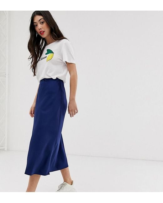 New Look Blue Satin Midi Skirt In Navy