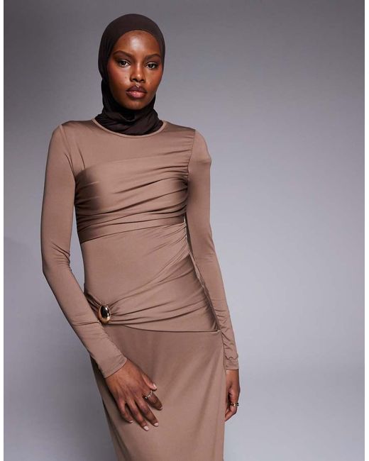 4th & Reckless Natural Slinky Drape Front Metal Detail Ruched Bust Long Sleeve Maxi Dress