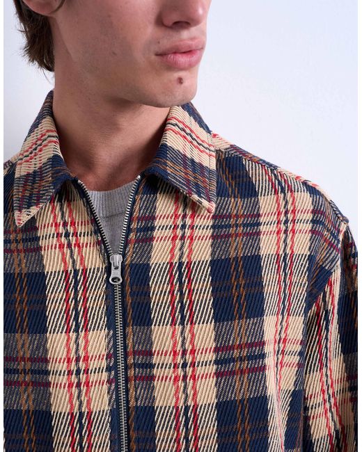 Topman Blue Regular Fit Textured Check Overshirt With Zip for men