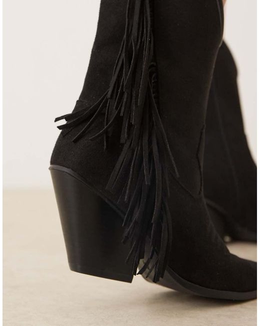 Glamorous Black Fringe Western Knee Boots