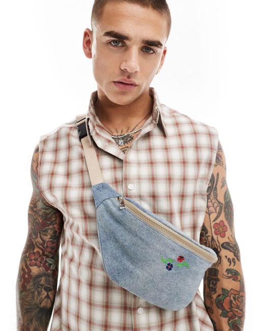 ASOS Gray Bum Bag Cross Body With Embroidered Flower for men